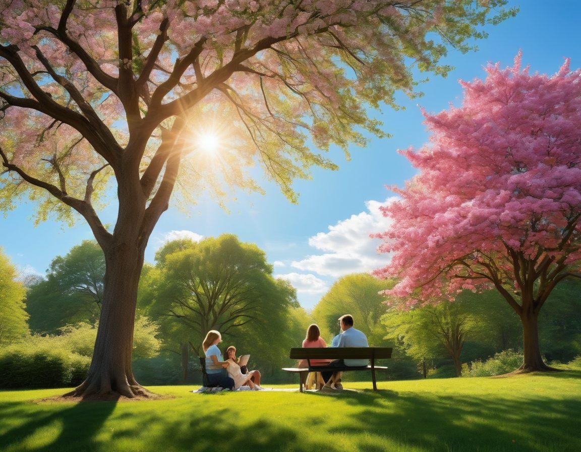 A serene park scene featuring diverse groups of people engaging in warm conversations, depicting connection and support. Soft sunlight filters through blooming trees, creating a welcoming and intimate atmosphere. Incorporate elements like heart-shaped clouds and gentle hugs to symbolize emotional warmth and wellness. Blend vibrant colors for a joyful, uplifting tone. super-realistic. vibrant colors.