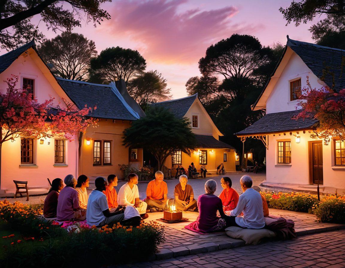 A serene village square during twilight, with diverse individuals sitting in small supportive groups, sharing their stories and comforting each other, amidst warm glowing lanterns and soft whispers of the evening breeze. The background features a poignant sunset to symbolize hope, while scattered flowers symbolize healing. super-realistic. warm colors. soft focus.