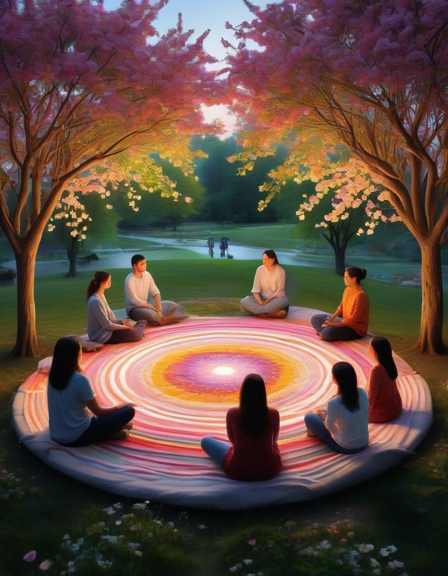 A diverse group of people sitting in a circle, sharing stories of their experiences, with soft expressions of empathy and understanding. In the center, an ethereal light symbolizes hope, while colorful threads weave between them, representing their connections and shared sadness. The background features a serene park with blooming flowers, creating an uplifting atmosphere. super-realistic. vibrant colors. peaceful setting.
